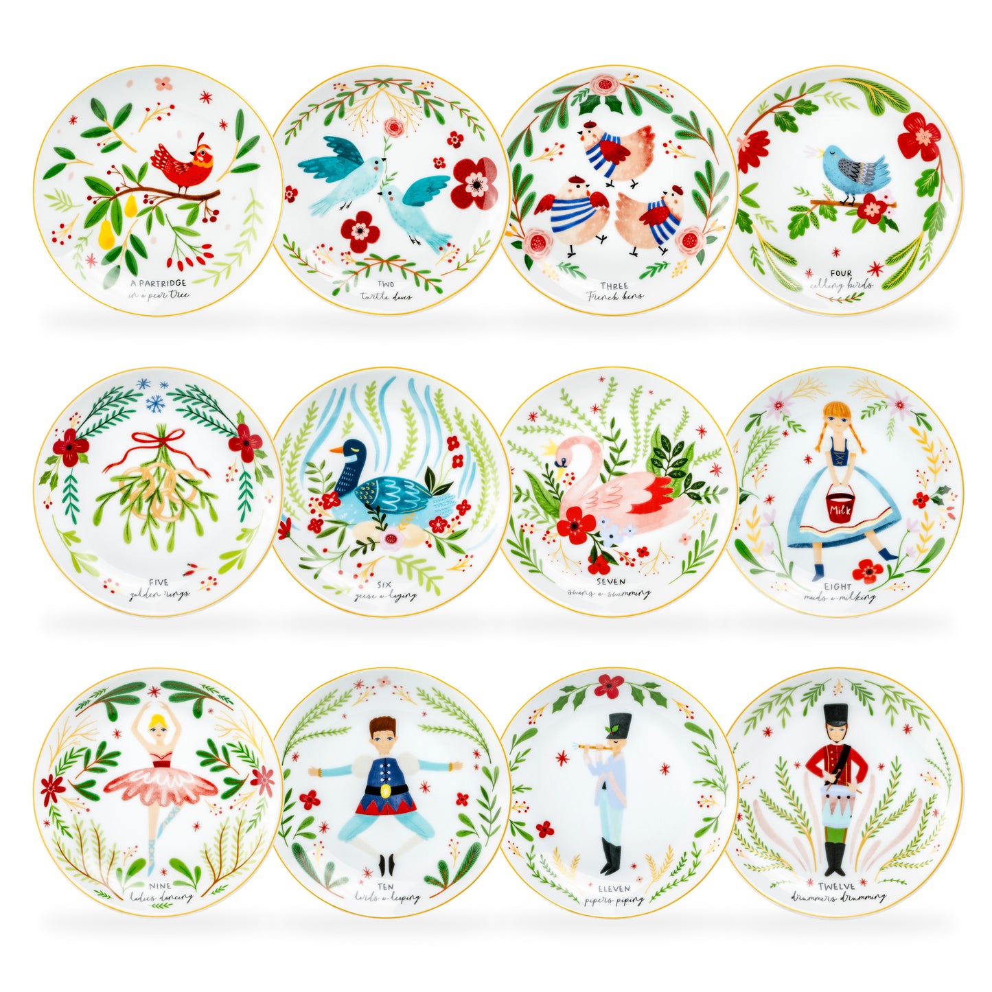12 Days of Christmas Fine Porcelain Appetizer Plate Set - Metal Rack Version