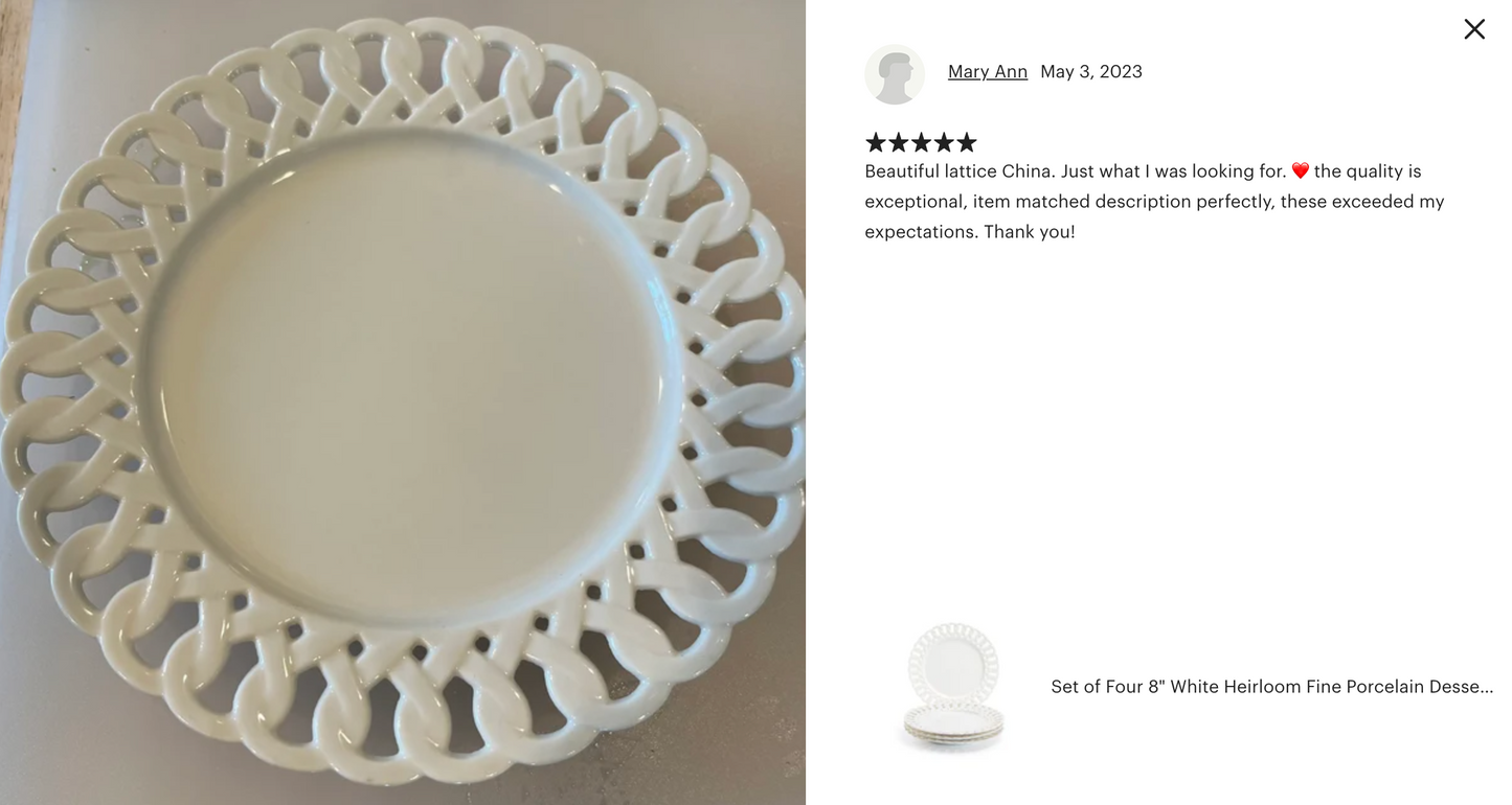 White Heirloom Fine Porcelain Dessert/Dinner Plate