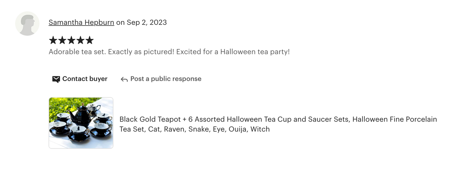 Black Gold Scallop Teapot + 6 Assorted Halloween Tea Cup and Saucer Sets - Ver. A