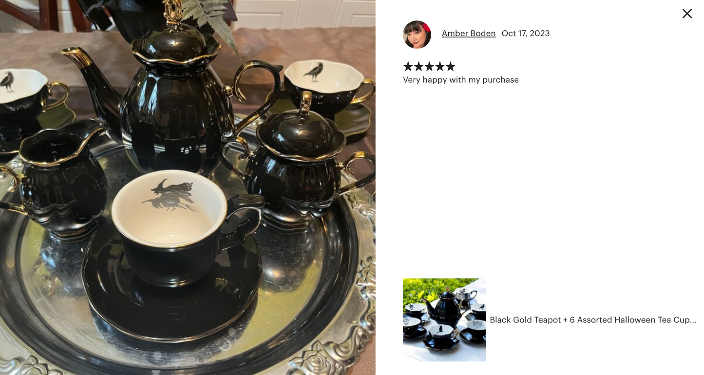 Black Gold Scallop Teapot + 6 Assorted Halloween Tea Cup and Saucer Sets - Ver. A