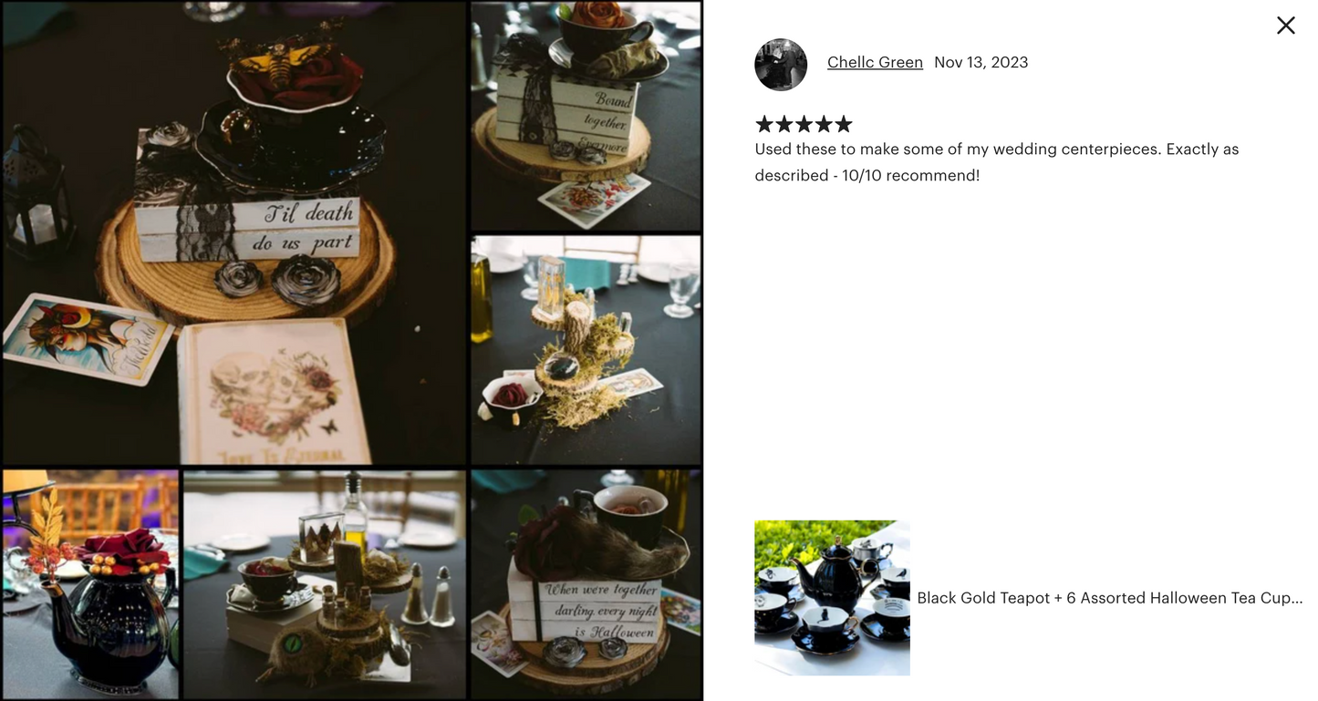 Black Gold Scallop Teapot + 6 Assorted Halloween Tea Cup and Saucer Sets - Ver. A