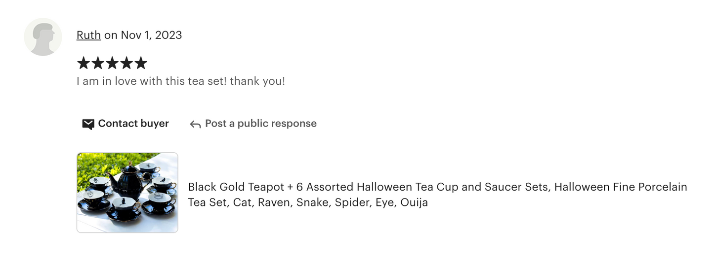 Black Gold Scallop Teapot + 6 Assorted Halloween Tea Cup and Saucer Sets - Ver. B