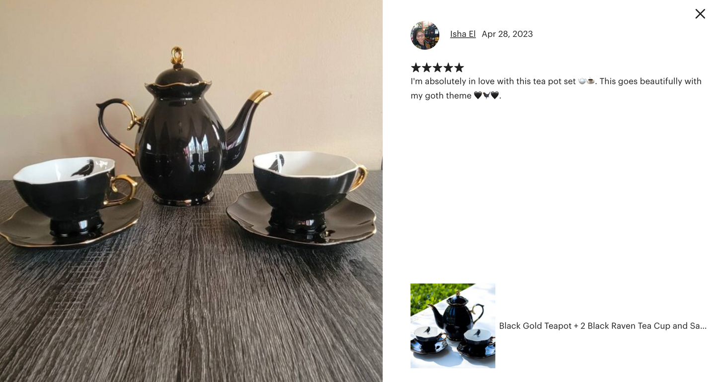 Black Gold Scallop Teapot + Raven Tea Cup and Saucer Sets