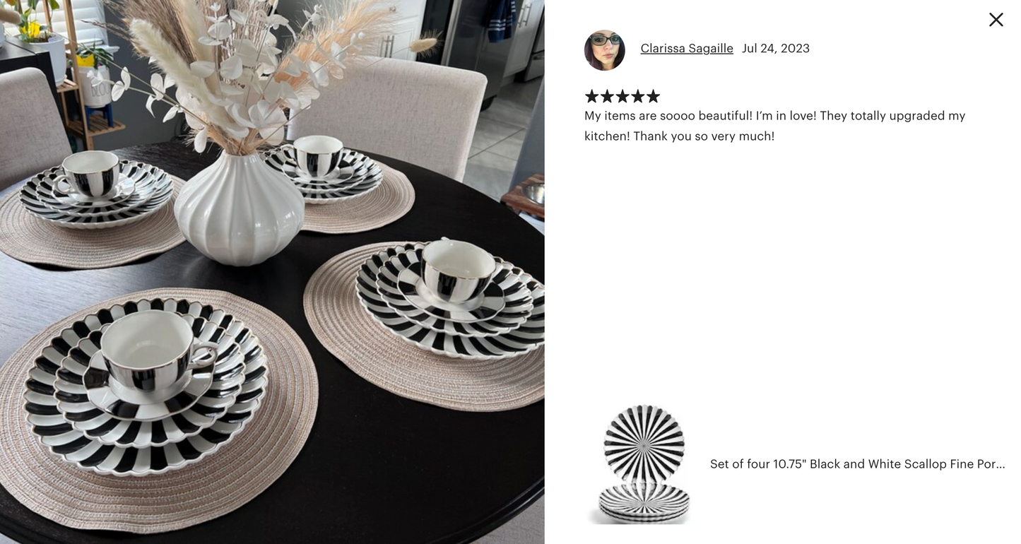 Black and White Stripe Scallop Fine Porcelain Dessert/Dinner Plate
