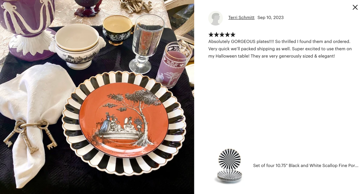 Black and White Stripe Scallop Fine Porcelain Dessert/Dinner Plate