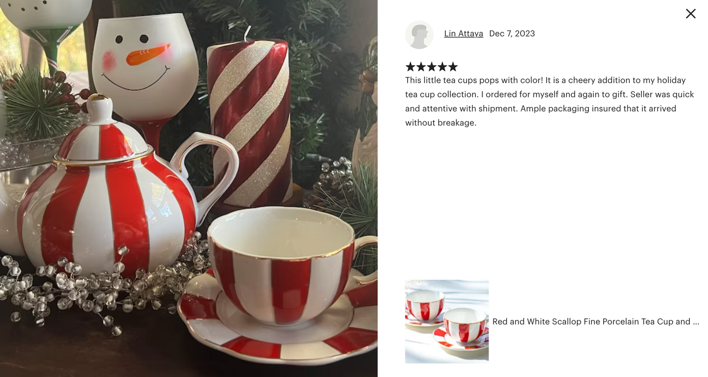 Red and White Scallop Fine Porcelain Tea Cup and Saucer