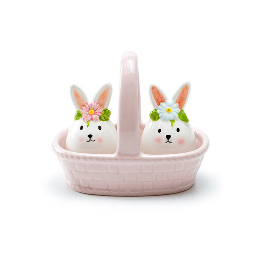 White Egg Bunnies with Pink Basket Ceramic Salt and Pepper Shaker Set