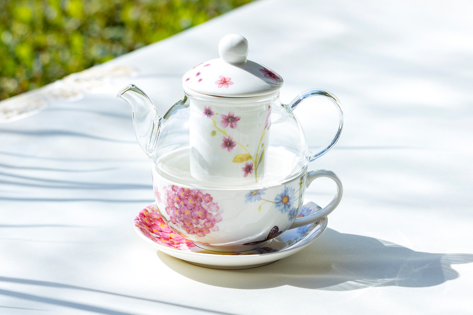 Grace Teaware Hydrangea with Butterflies Glass Fine Porcelain Tea For One
