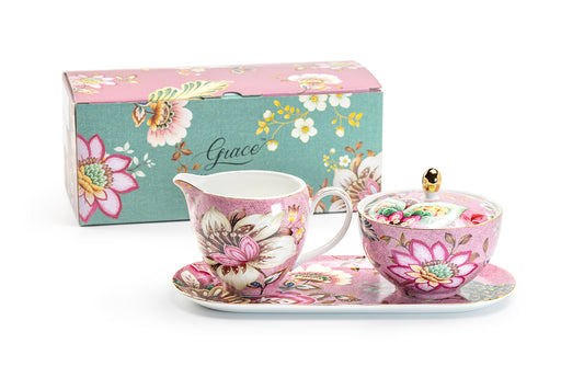 Gift Boxed Peacock Lotus Garden Pink Fine Porcelain Sugar Creamer & Serving Tray Set