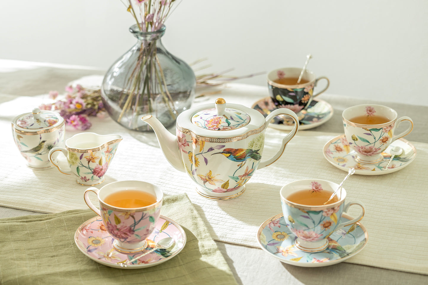 Spring Flowers with Hummingbird Assorted Cups Fine Porcelain Tea Set