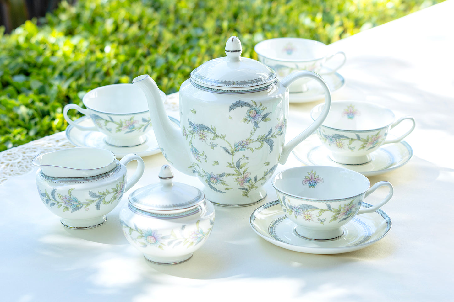 Gracie Bone China Lotus Garden Bone China Tea Set, Teapot Cup and Saucer, Sugar and Creamer