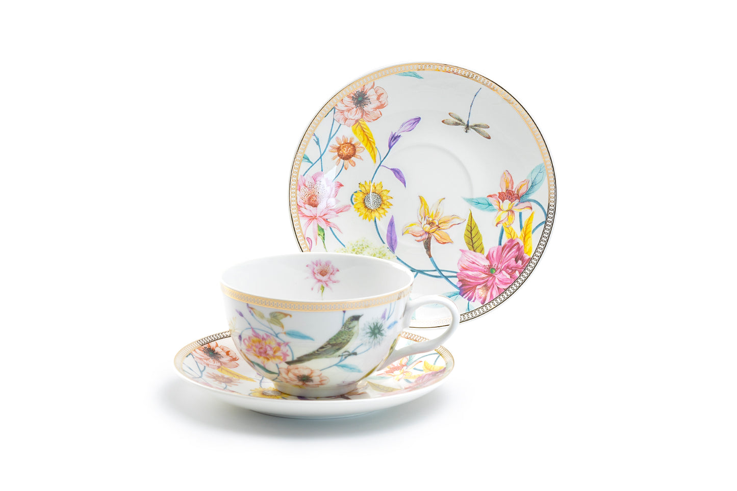 Grace Teaware Spring Flowers with Bird Fine Porcelain Latte Cup and Saucer set