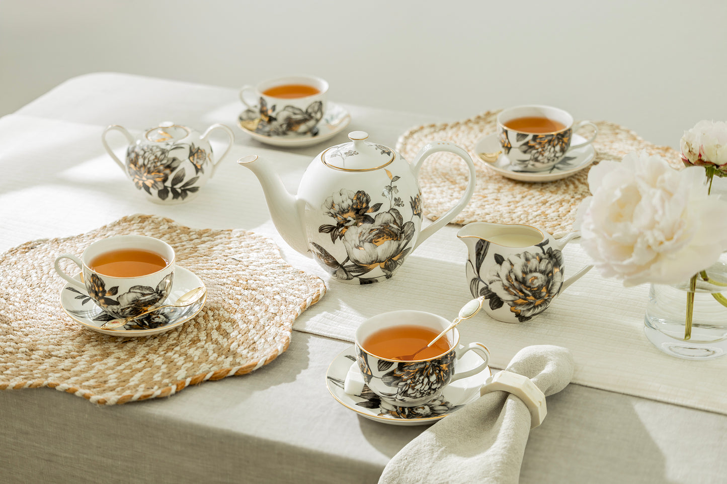 Grace Teaware Black Gold Peony Fine Porcelain Tea Set