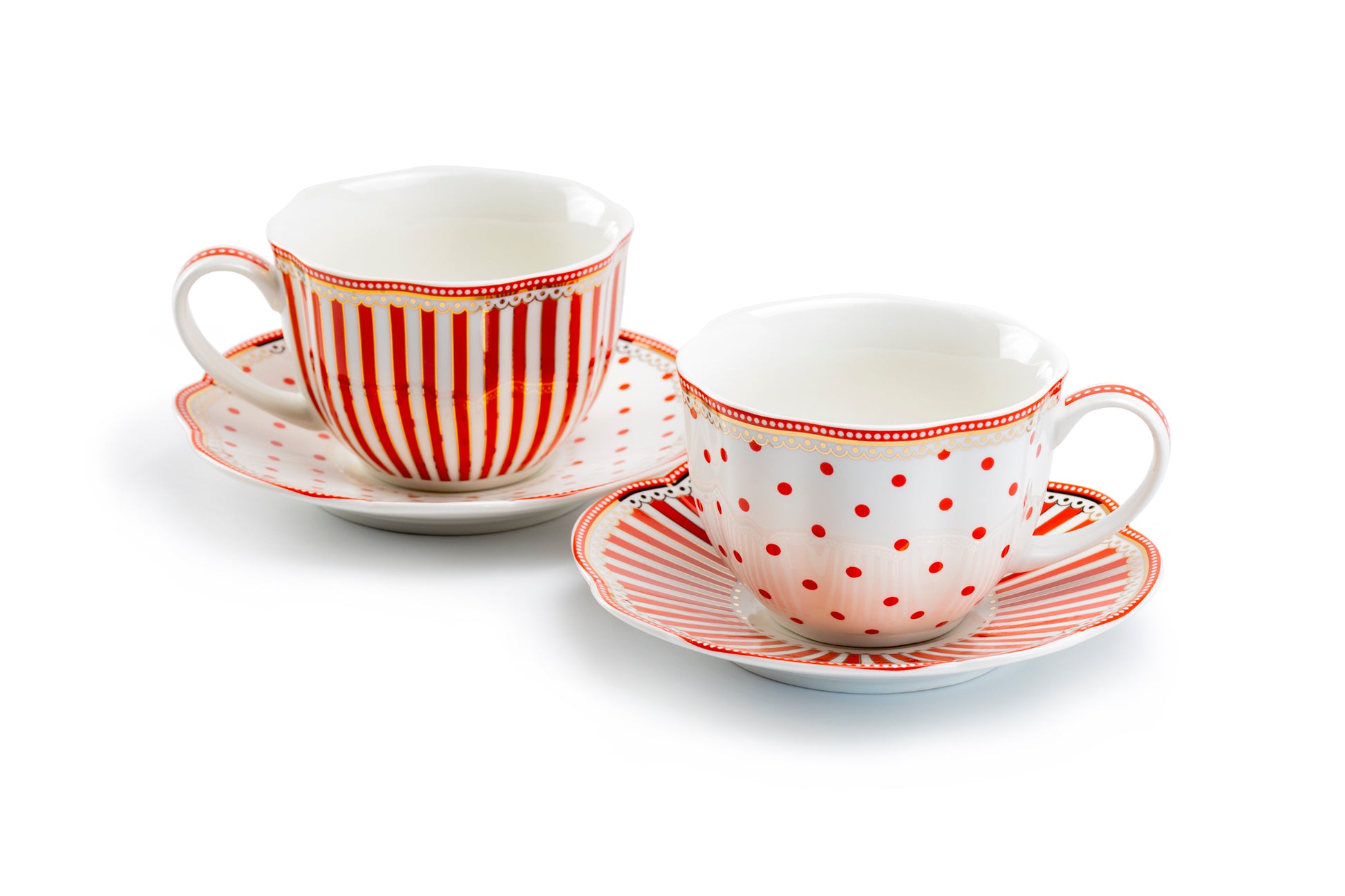 Grace Teaware Red Josephine Stripes and Dots Fine Porcelain Cup and Saucer Sets
