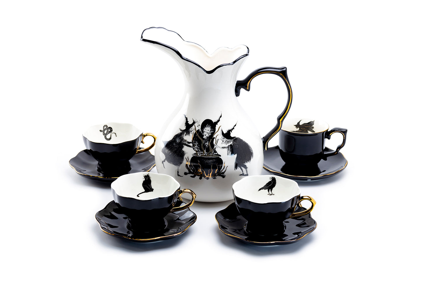 Potter's Studio Witches Brew Pitcher + 4 Assorted Halloween Tea Cup and Saucer Sets
