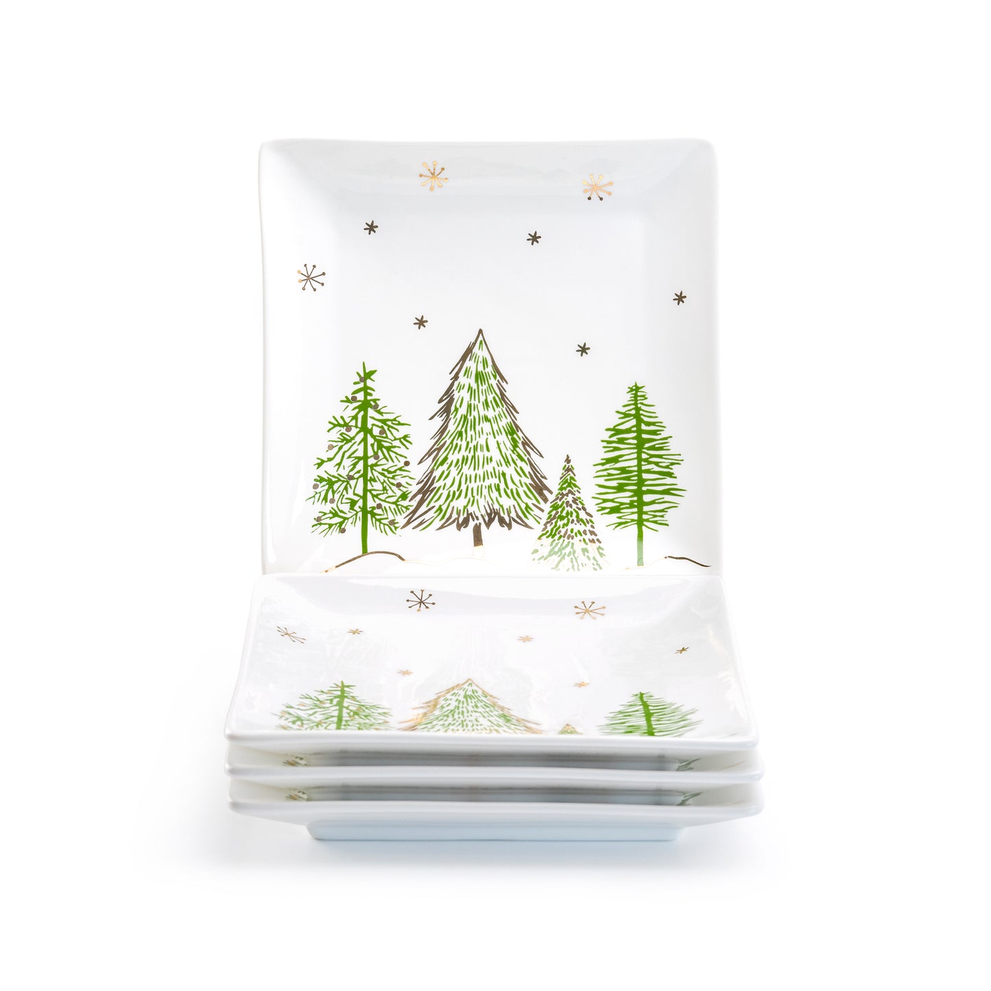 Grace Teaware Christmas Pine Trees Fine Porcelain 7" Square Plate set of 4