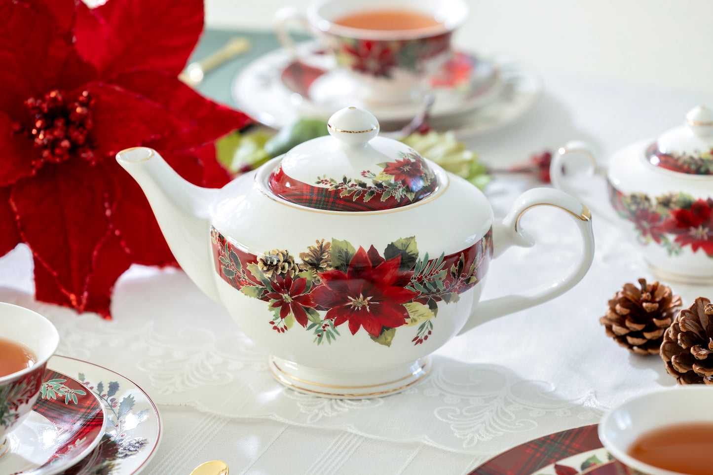Poinsettia Pine Cone Fine Porcelain Teapot