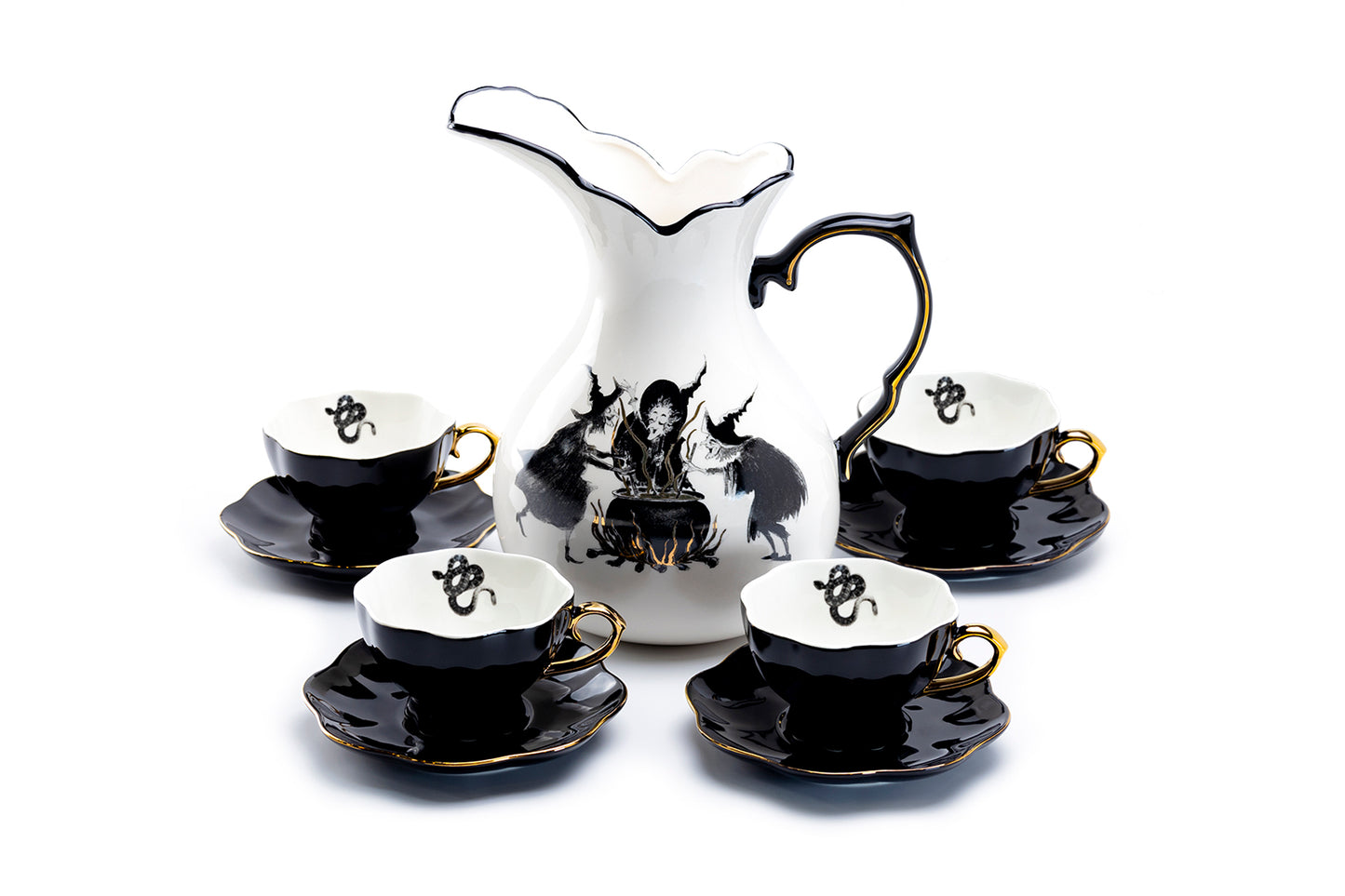 Potter's Studio Witches Brew Pitcher + 4 Snake Halloween Tea Cup and Saucer Sets