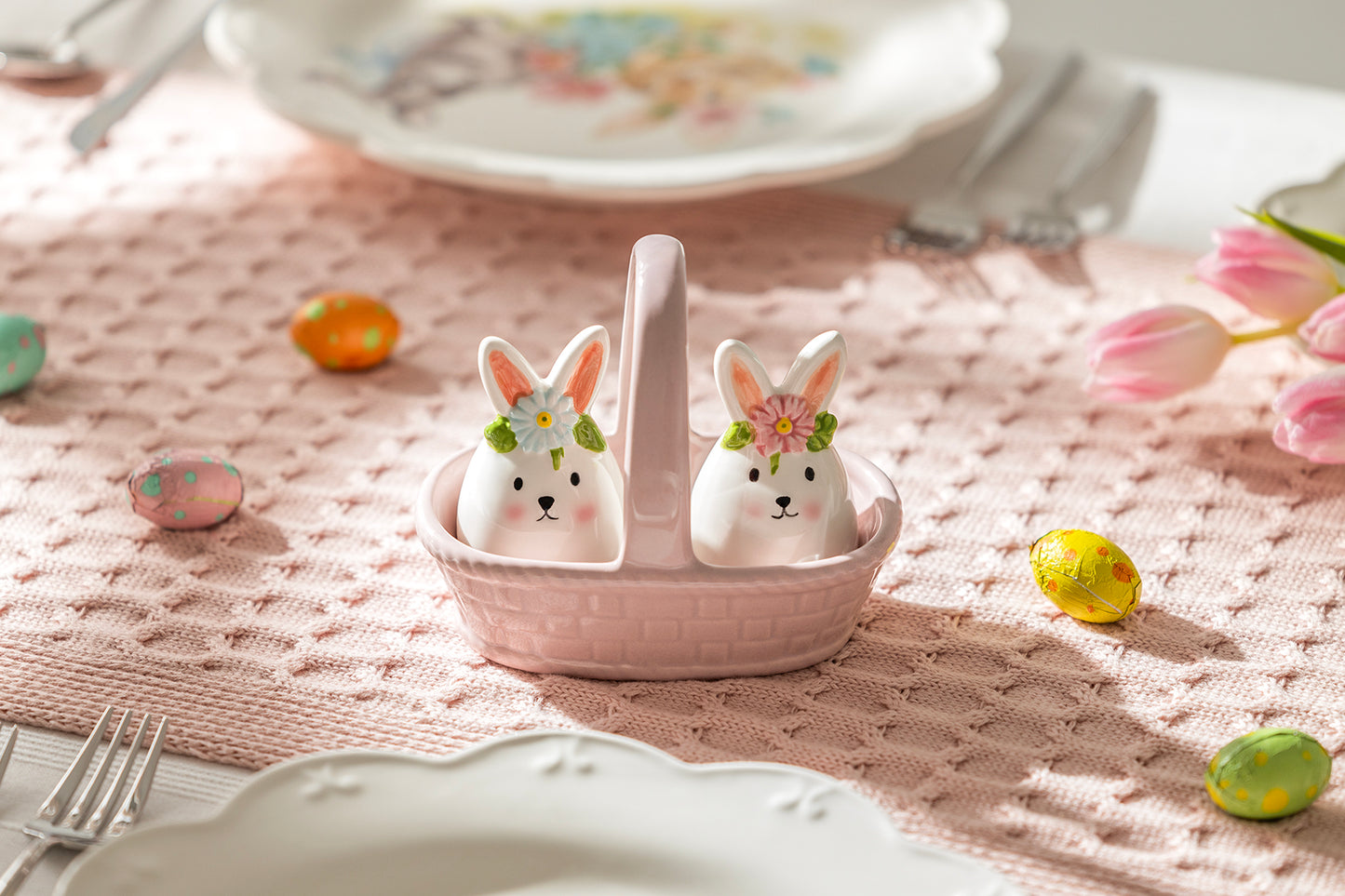 White Egg Bunnies with Pink Basket Ceramic Salt and Pepper Shaker Set