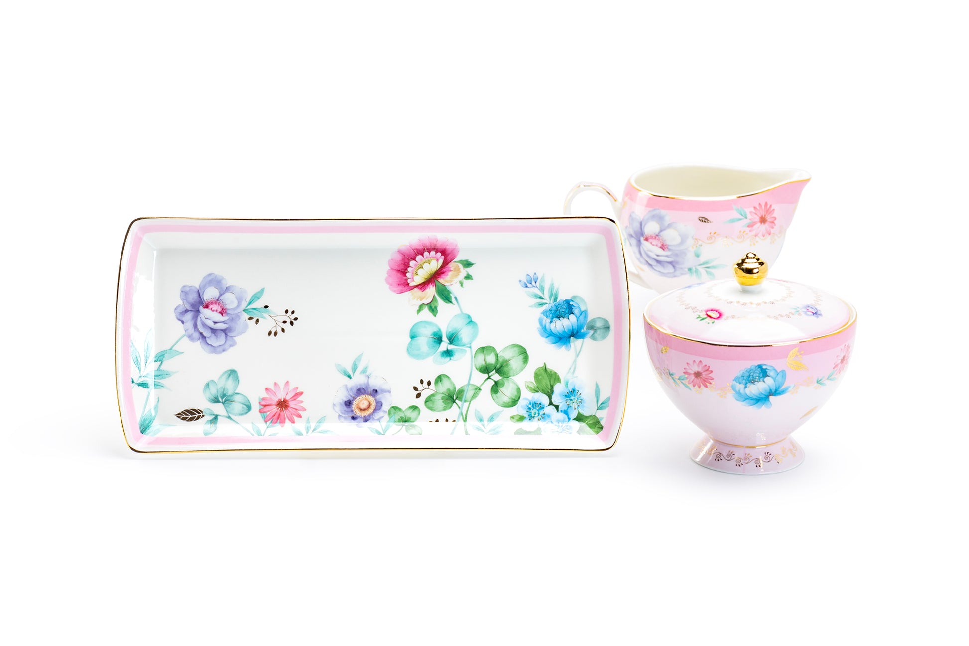 Grace Teaware Gift Boxed Pink Flower Floral Garden Fine Porcelain Sugar Creamer & Serving Tray Set
