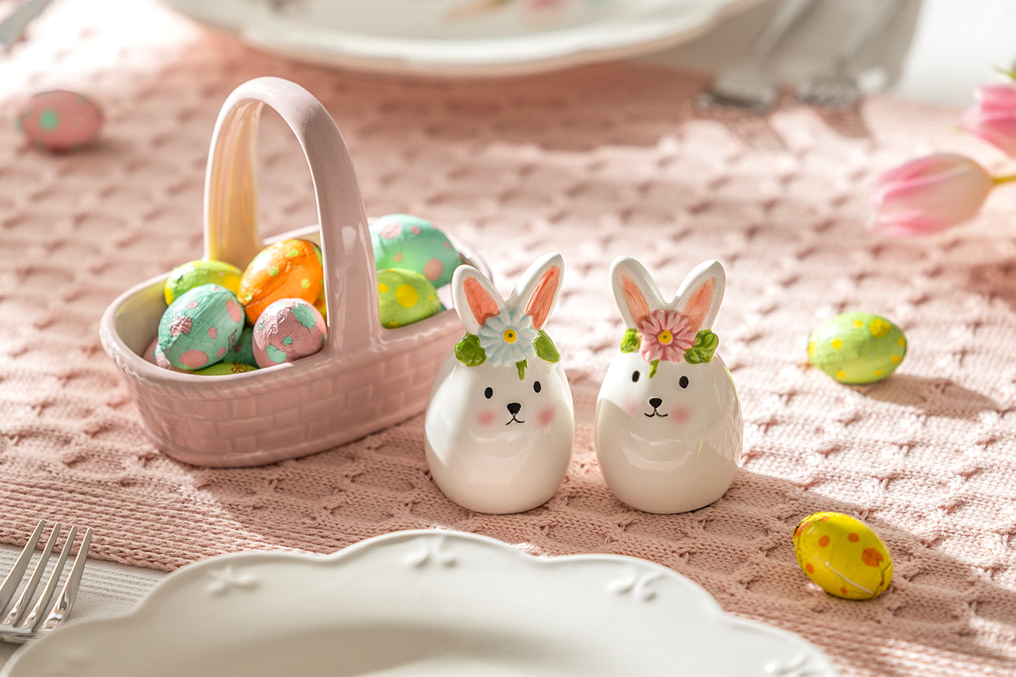 White Egg Bunnies with Pink Basket Ceramic Salt and Pepper Shaker Set