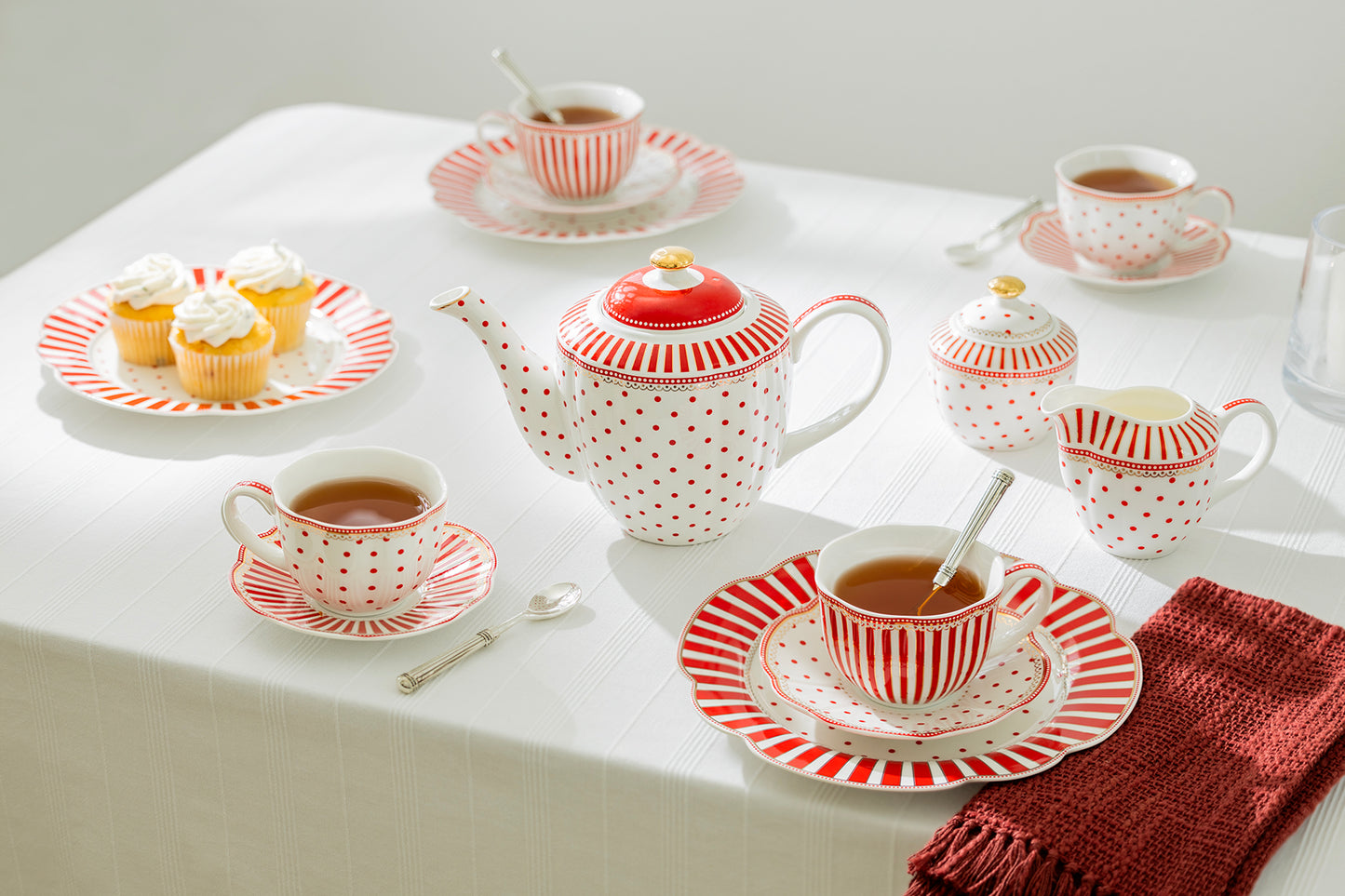 Grace Teaware Red Josephine Stripes and Dots Fine Porcelain Tea Set