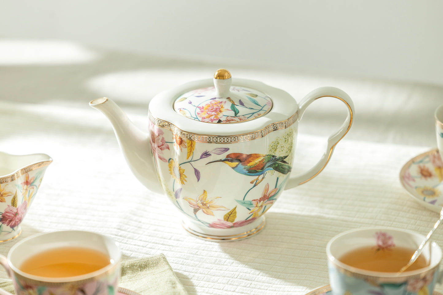 Grace Teaware Spring Flowers with Hummingbird Fine Porcelain Teapot