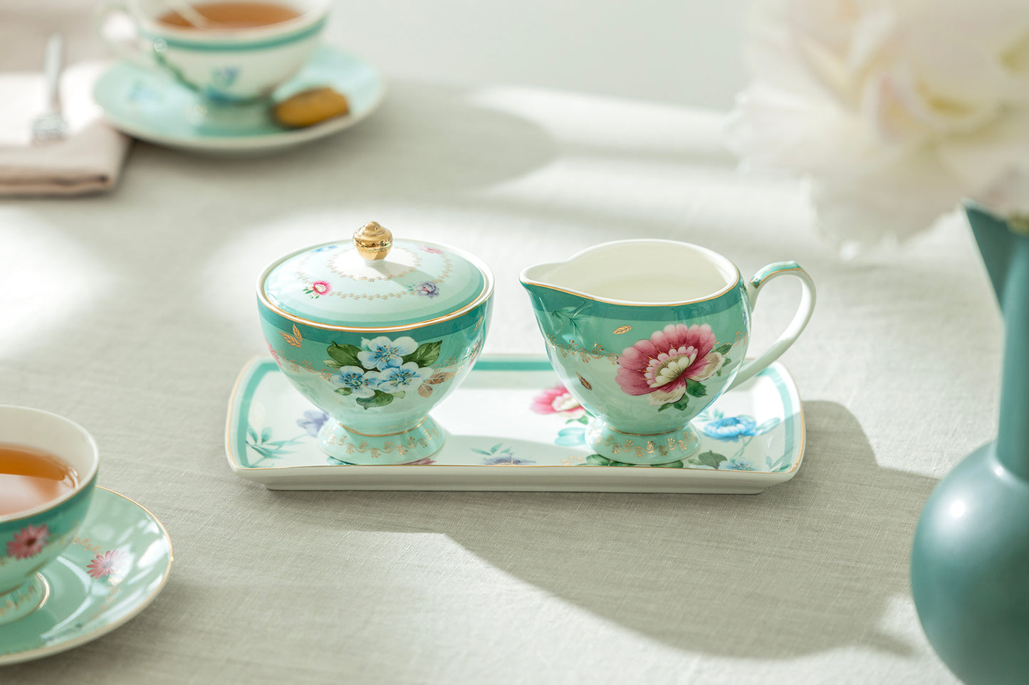 Gift Boxed Mint Flower Garden Fine Porcelain Sugar Creamer & Serving Tray Set