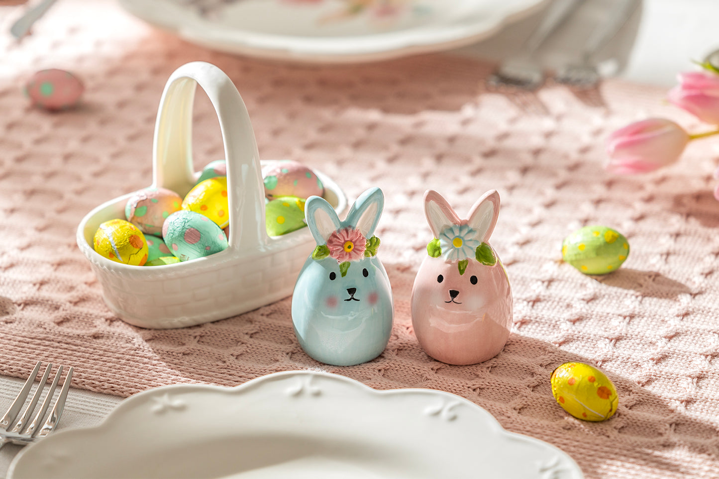 Pink and Blue Egg Bunnies with White Basket Ceramic Salt and Pepper Shaker Set