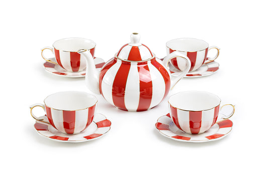 Red Carousel Fine Porcelain 9-Piece Tea Set