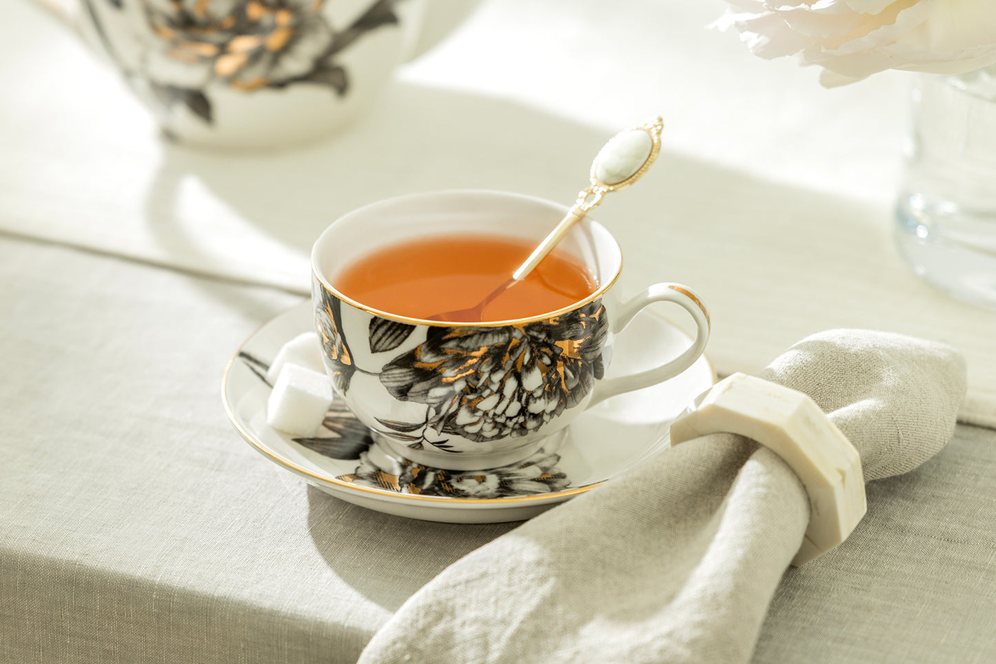 Grace Teaware Black Gold Peony Tea Cup and Saucer