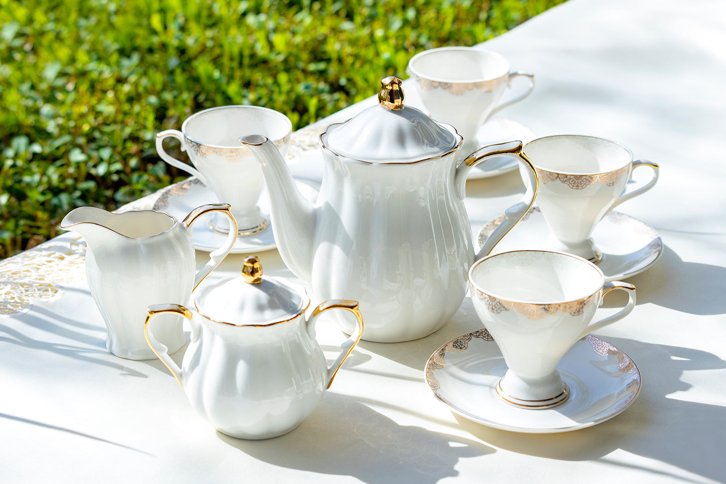 White Gold Lace Fine Porcelain Tea Set