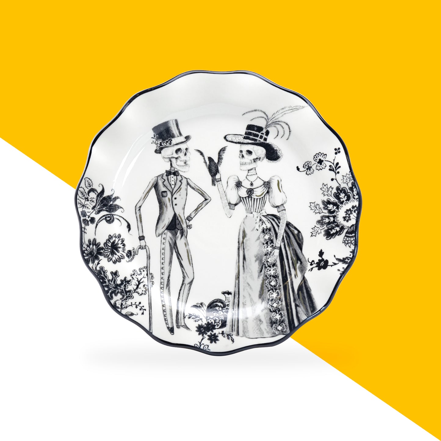 Potter's Studio Handmade 8.5" Halloween Skeletons Dessert / Salad Plate, skeleton couple plate
