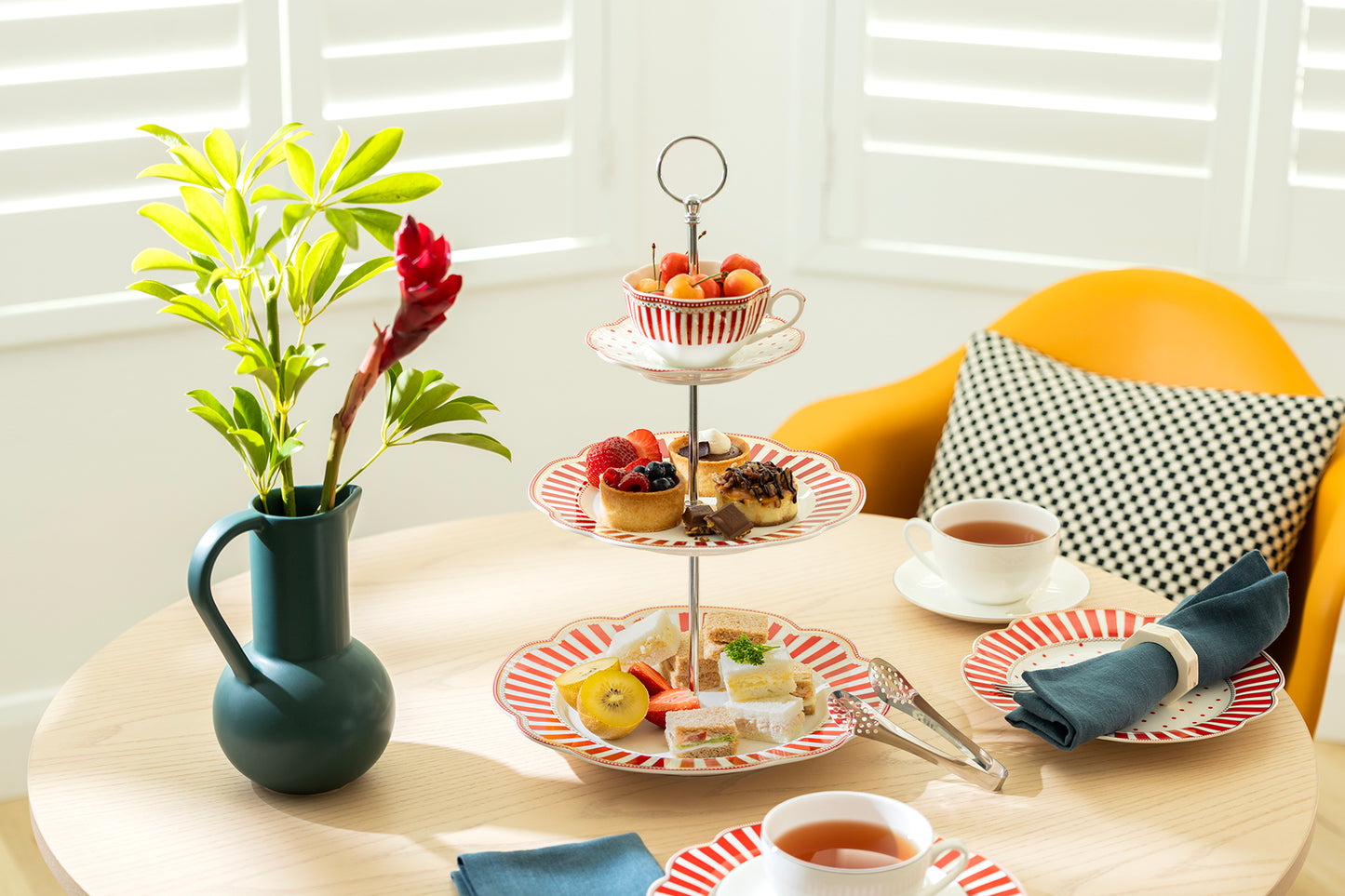Red Josephine Stripes and Dots Fine Porcelain 3-Tier Server