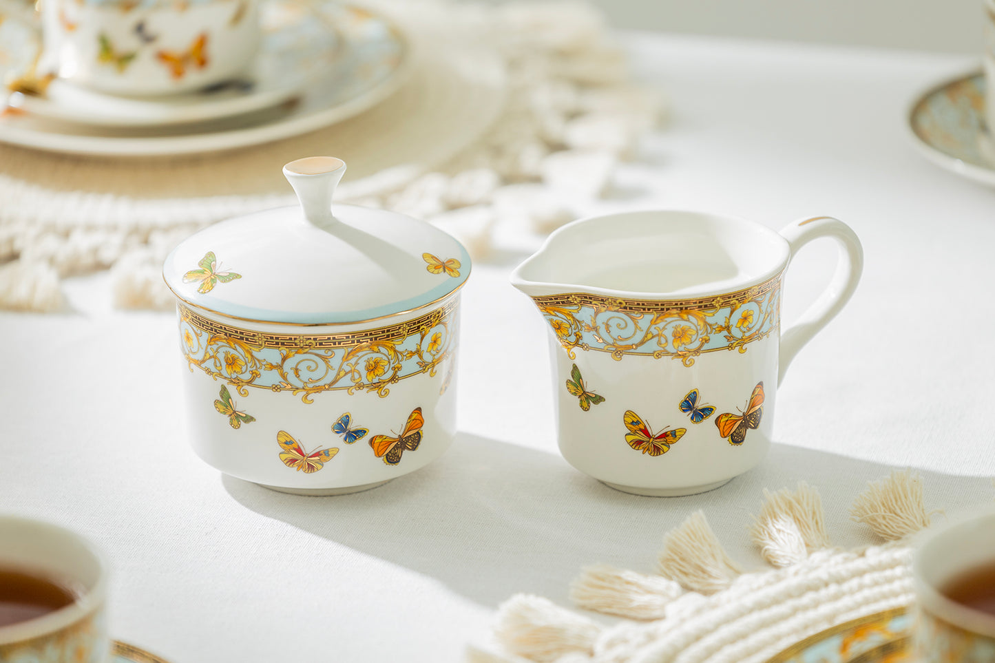 Grace Teaware Butterflies with Blue Ornament Fine Porcelain Sugar & Creamer Set