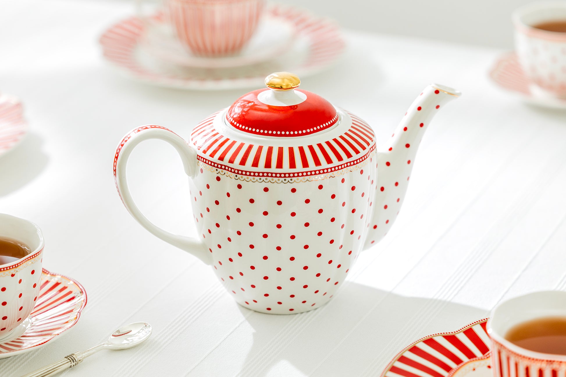 Grace Teaware Red Josephine Stripes and Dots Fine Porcelain Teapot