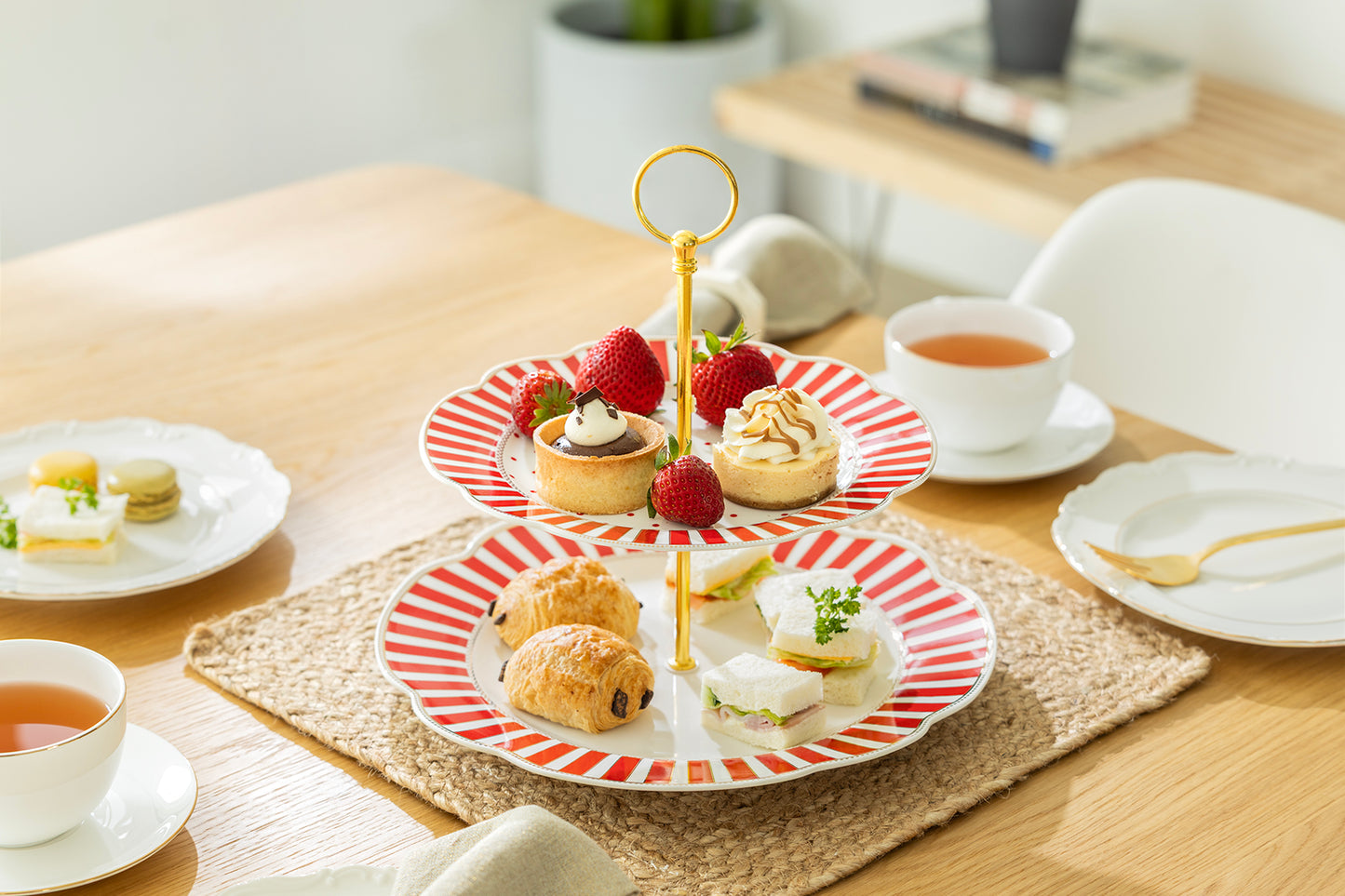 Red Josephine Stripes and Dots Fine Porcelain 2-Tier Server