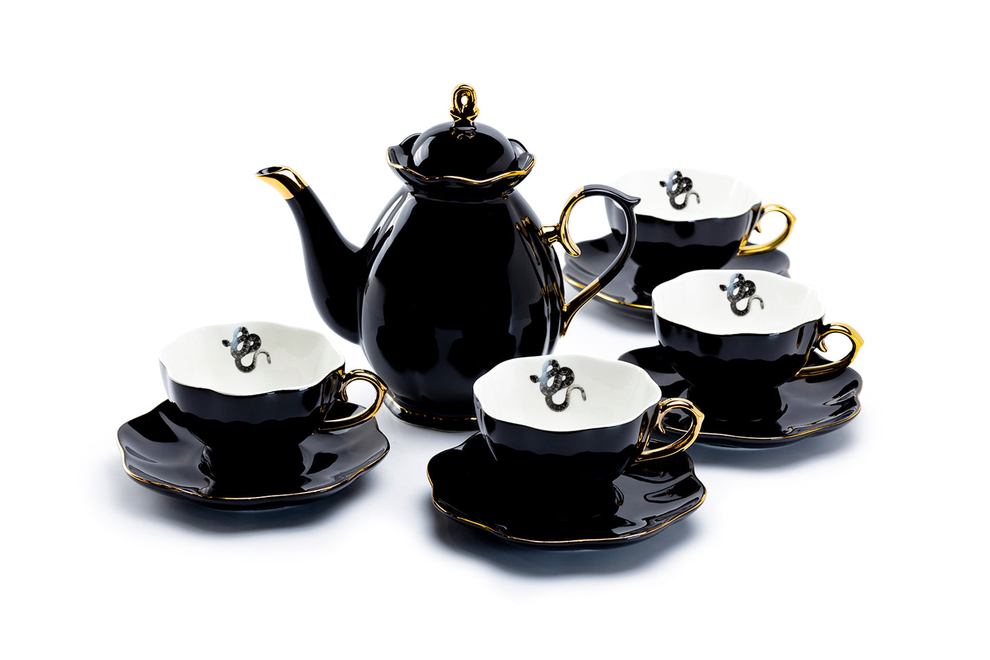 Black Gold Scallop Teapot + 4 Snake Tea Cup and Saucer Sets