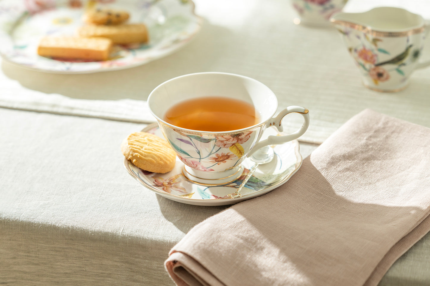 Spring Flowers with Hummingbird Fine Porcelain Fluted Cups Tea Set