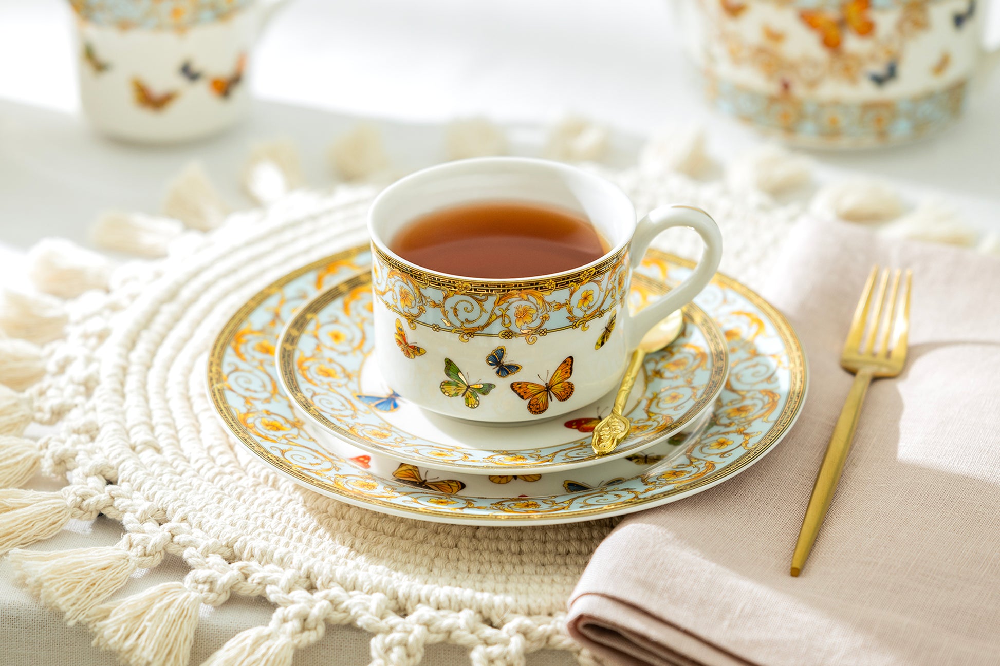 Butterflies with Blue Ornament Tea Cup and Saucer
