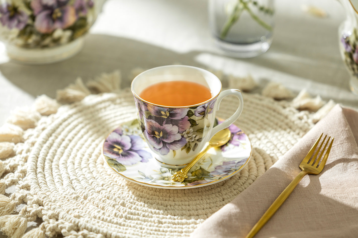 Stechcol Gracie Bone China Purple Pansy Bone China Tea Cup and Saucer Set