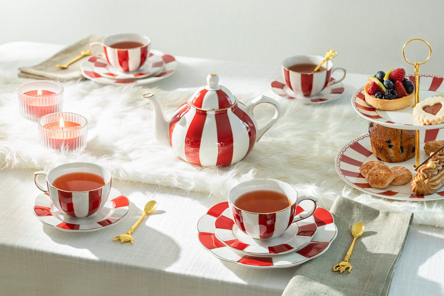 Red Carousel Fine Porcelain 9-Piece Tea Set