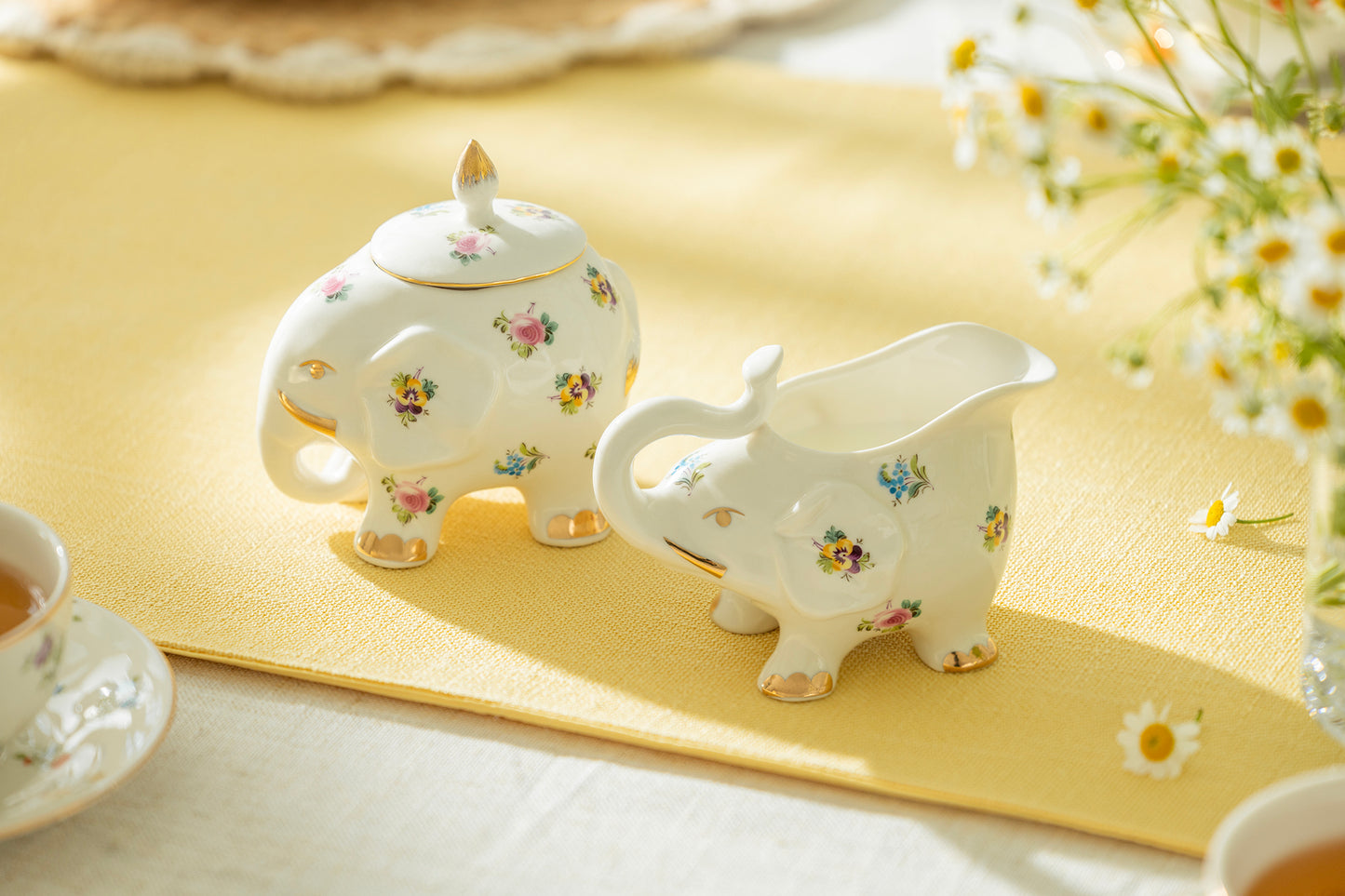 Floral Elephant Fine Porcelain Sugar & Creamer Set