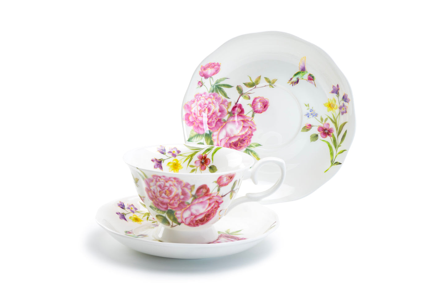 Stechcol Gracie Bone China Pink Rose with Hummingbird Bone China Tea Cup and Saucer set