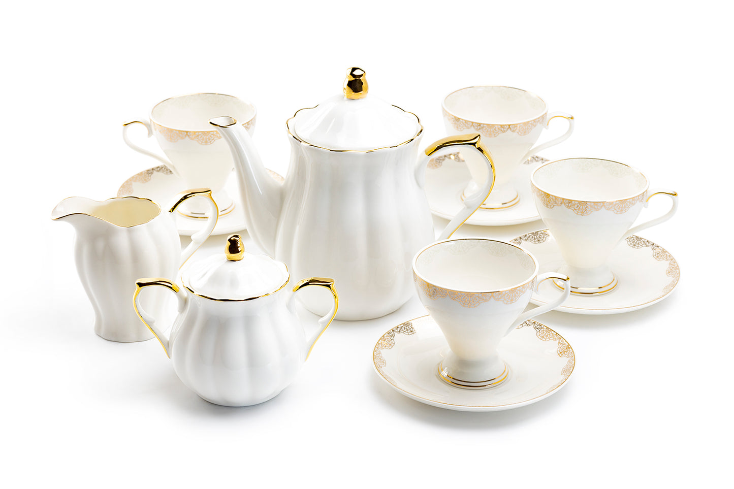 White Gold Lace Fine Porcelain Tea Set