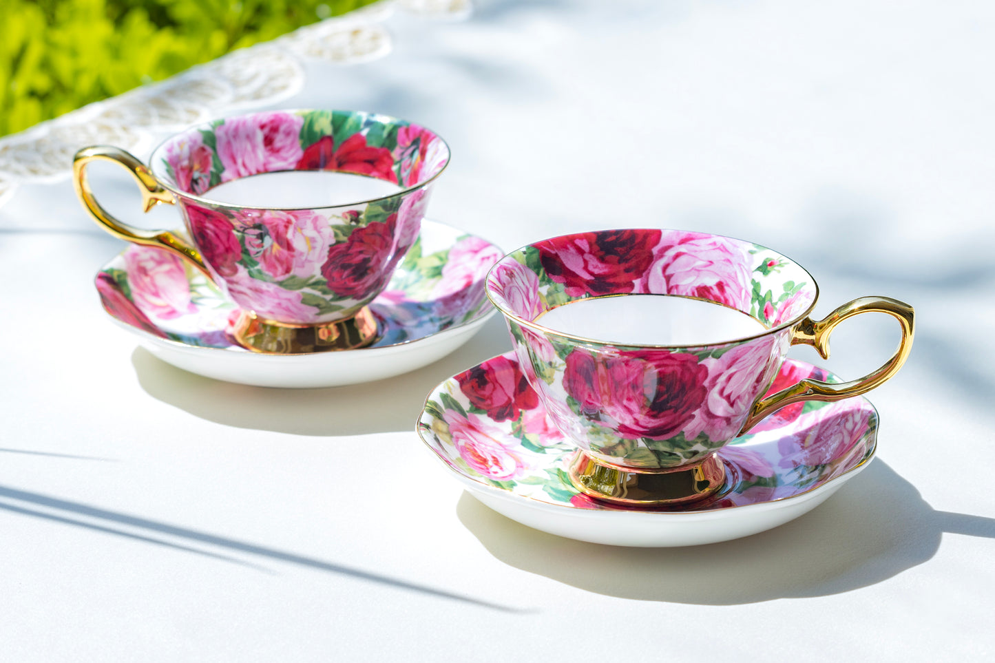 Stechcol Gracie Bone China Rose Bloom Gold Bone China Tea Cup and Saucer set of 2