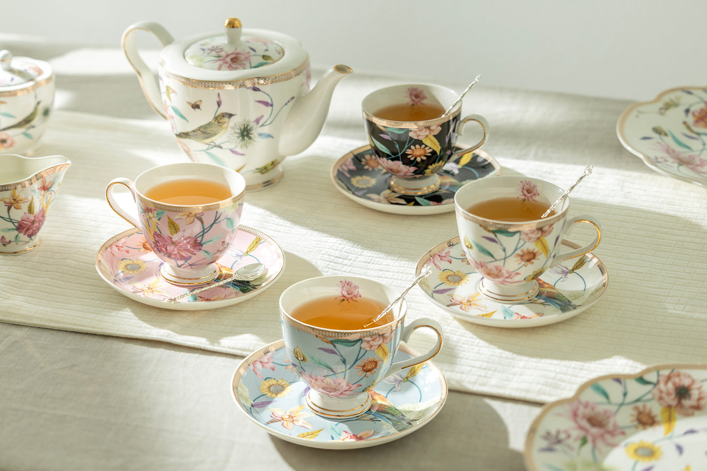 Spring Flowers with Hummingbird Fine Porcelain Tea Cup and Saucer Assorted Color Set - CLEARANCE