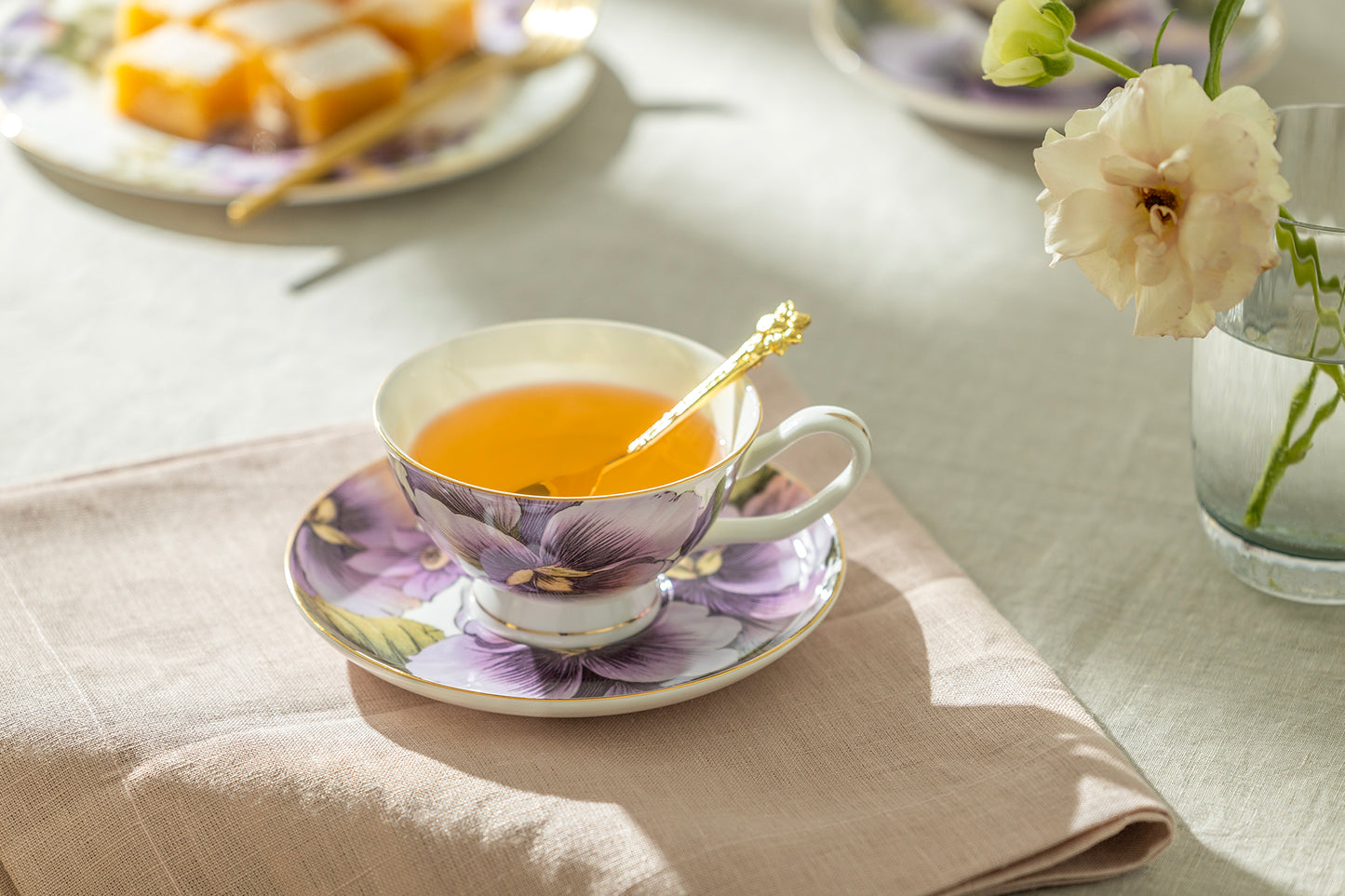 Stechcol Gracie Bone China Purple Gold Pansy Bone China Tea Cup and Saucer set