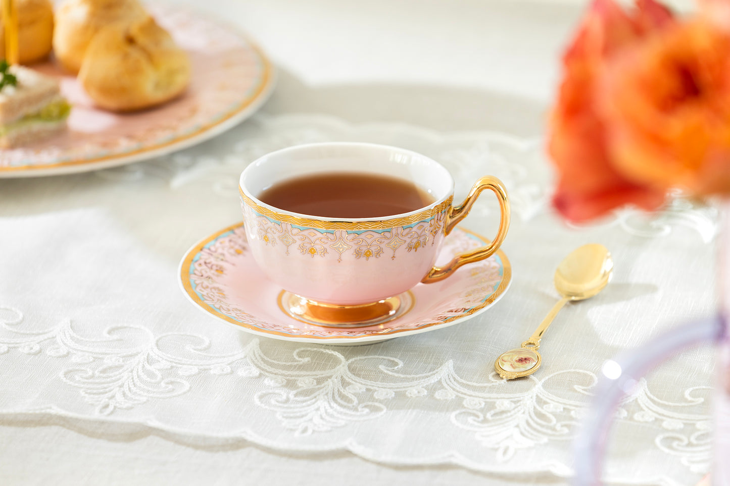 Pink Floral Toile Fine Porcelain Tea Cup and Saucer