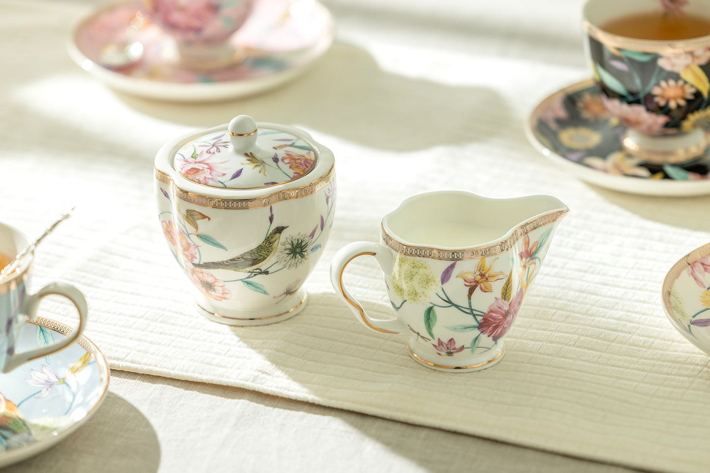 Spring Flowers with Hummingbird Fine Porcelain Fluted Cups Tea Set